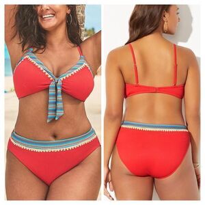 Swimsuits For All MENTOR TIE FRONT RIBBED HIGH WAIST BIKINI Red Multi Aztec 20